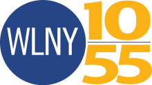 At left, a blue circle with white, thin WLNY lettering inside. Outside the circle is a gold 10 on top of a thin blue line on top of a gold 55.