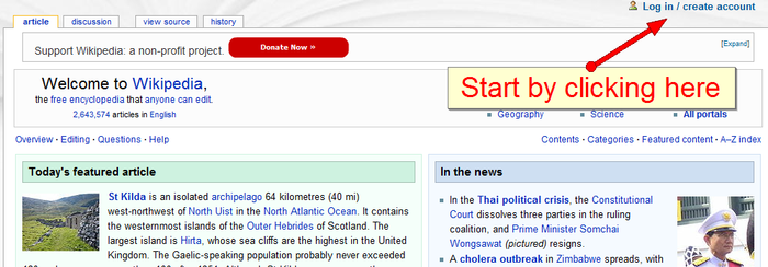 Main page of the English Wikipedia. The "Log in / create account" link in the upper right-hand corner is indicated with an arrow and a text box saying "Start by clicking here".