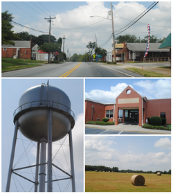 Top, left to right: Main Street, Water tower, West Pelzer Elementary School, field with bales of hay