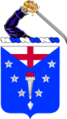 104th Infantry Regiment, USA: Per chevron enhanced argent and azure, in chief a cross gules, between six mullets pilewise a crenelated torch of the first flamant of three of the third, and in base an Indian arrowhead point to base of the first.