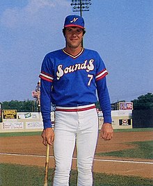 A baseball player in blue and white