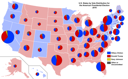 Results by vote distribution among states. The size of each state's pie chart is proportional to its number of electoral votes.