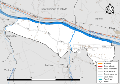 Carte en couleur présentant le réseau hydrographique de la commune