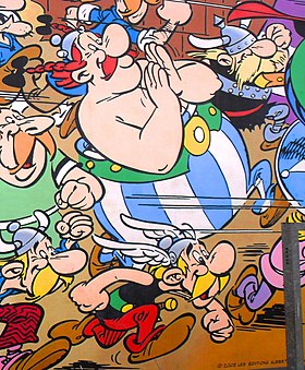 Obélix avec Astérix et d'autres Gaulois sur une peinture murale à Bruxelles.