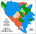 Stanovništvo BiH prema popisu iz 1953. Hrvati - narančasta, Srbi - plava, neopredjeljeni Muslimani - zelena