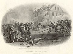 Print of soldiers firing at a two-story house while puffs of smoke indicate that those in the house are shooting back