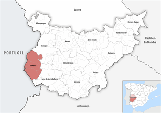 Die Lage der Comarca Olivenza in der Provinz Badajoz