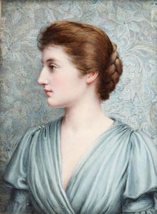 A Lady, in profile to the left before an Arts and Crafts background