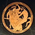 A Maenad using her thyrsos to ward off a Satyr, Attic red-figure kylix, c. 480 BC