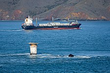 Mile Rocks Light with Container ship Sealand Balboa in December 2019