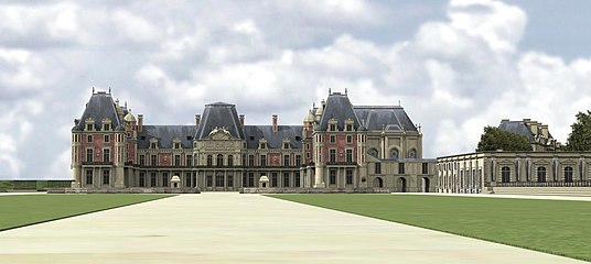 1715年頃のムードン城旧城箇所正面玄関口の復元3D (Vue de l'entrée du château de Meudon, vers 1715. Restitution 3D de Franck Devedjian et Hervé Grégoire, 2013.)