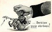 Serbien muss sterbien! ("Serbia must die!"), una caricatura austriaca que circuló después del asesinato del archiduque Francisco Fernando de Austria en 1914, donde se representa a Serbia como un terrorista simiesco.