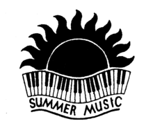 Summer music logo - the sun rising above a piano keyboard