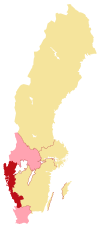 Förvaltningsrättens domkrets (rött) samt den kammarrätt den faller under (ljusrosa).