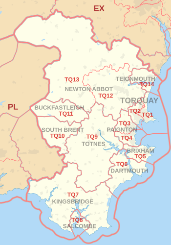 TQ postcode area map, showing postcode districts, post towns and neighbouring postcode areas.