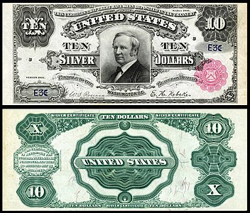 Ten-dollar silver certificate from the series of 1891, by the Bureau of Engraving and Printing