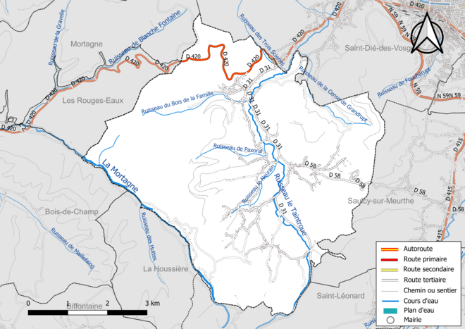 Carte en couleur présentant le réseau hydrographique de la commune