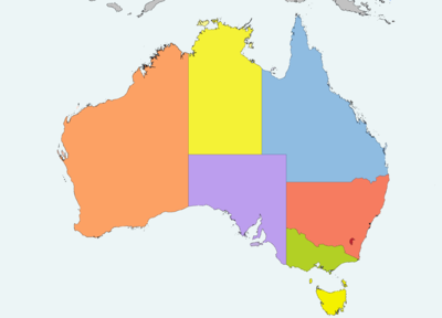 Australia map. Western Australia in the west third with capital Perth, Northern Territory in the north centre with capital Darwin, Queensland in the northeast with capital Brisbane, South Australia in the south with capital Adelaide, New South Wales in the northern southeast with capital Sydney, and Victoria in the far southeast with capital Melbourne. Tasmania, with capital Hobart, is off the coast of Victoria, across the Bass Strait. The Indian Ocean is to the west and northwest, the South Pacific Ocean to the east, the Southern Ocean to the south, and the Tasman Sea to the southeast. The Great Australian Bight to the south and the Gulf of Carpentaria to the north are the major bays. The Timor and Arafura Seas are off the north coast, and the Great Barrier Reef guards the northeast coast from the Coral Sea.