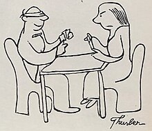 A drawing using only black lines on a white wall. A man and a woman sit at a table playing cards. The man is smiling and the woman is scowling.