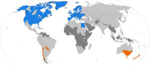 World map. Europe, Russia, most of North America, parts of southern South America and southern Australia, and a few other places use DST. Most of equatorial Africa and a few other places near the equator have never used DST. The rest of the land mass is marked as formerly using DST.