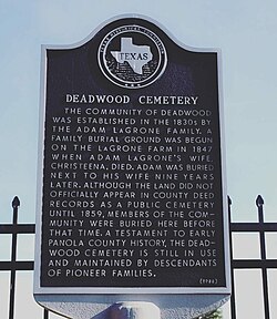 Deadwood Cemetery was created when Christeena LaGrone was buried there in 1847. She and her husband were the first Anglos to live west of the Sabine River in Panola County, Texas.