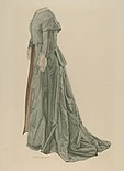 A color fashion plate of a green gown with a train and lace around the sleeve hems and a basque bodice. The bodice is made from a matching cloth and buttons up the front. It has short, square tails in the back.