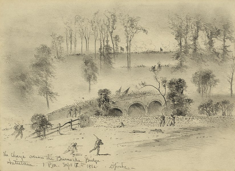 "The Charge across the Burnside Bridge" (Battle of Antietam) by Edwin Forbes, restored by Adam Cuerden
