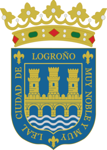 Escudo con corona y leyenda «Muy noble y muy leal ciudad de Logroño».