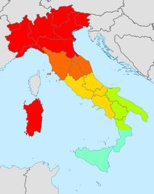 Die Regionen Italiens, farblich nach den Gesellschaften unterteilt: Spesa Intelligente (rot), EuroSpin Tirrenica (orange), EuroSpin Lazio (dunkelgelb), EuroSpin Puglia (gelb), EuroSpin Sicilia (grün-cyan)