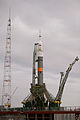 The Soyuz rocket on the launch pad shortly after rollout.