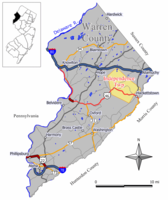 Location of Independence Township in Warren County highlighted in yellow (right). Inset map: Location of Warren County in New Jersey highlighted in black (left).