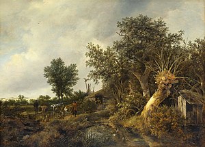 Painting of a wooded scene with a cottage and people