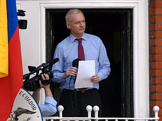 Julian Assange speaking from the London Ecuadorian Embassy, 2012.