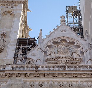 Pediment "The Virgin with the Child Jesus and Angels" with statues of Mother of God, Jesus and Angels.