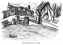 Gravure en noir et blanc, montrant la Saône ; au second plan, à gauche, une église ; à droite, les fortifications de Pierre-Scize.