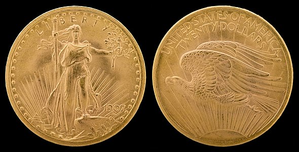 Saint-Gaudens double eagle, Arabic numerals, by Augustus Saint-Gaudens and the United States Mint