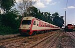 4-car AEG DMU of Greek railways as a 'Regional' train leaving Katerini's station, 17 November 2011