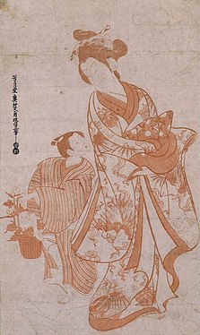 Courtesan and Boy Flower Seller, an aka-e by Okumura Masanobu, c. 1730s