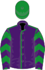 Purple, green seams, chevrons on sleeves, green cap