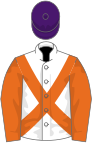 White, orange cross belts and sleeves, purple cap