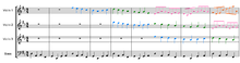 Sheet music showing the first nine measures of a particular song. The colours highlight the individual canonic entries.