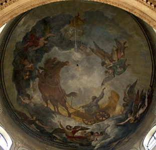 Upper cupola; Prophet Elijah being transported to heaven in a chariot of fire