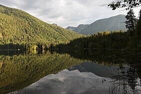 Lake with a tree-covered shore on the far side of the lake and a mountain in the distance