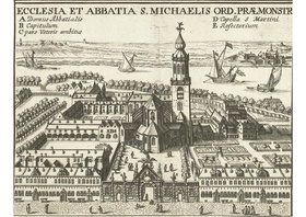 L'abbaye Saint-Michel d'Anvers (gravure du XVIIe siècle d'après Pierre-Paul Rubens)..