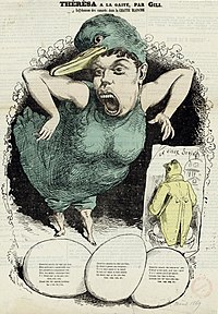 Caricature par André Gill de Thérésa interprétant les Canards tyroliens, un air qui prône la liberté de réunion[1], qu'elle crée en 1869 au théâtre de la Gaîté[2] et que reprend en 1898 Guérin Brabant : Quand les canards vont deux à deux C’est qu’ils ont à causer entr’eux ; Les passants n’y comprennent rien ; Mais eux, malins, ils s’entend’nt bien. Ils s’dis’nt comm’ça des jolis riens : Couin, couin, couin, couin, couin[1],[N 1].