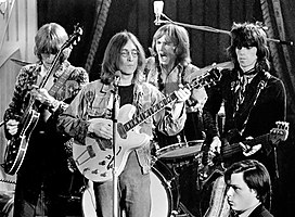 Eric Clapton, John Lennon, Mitch Mitchell and Keith Richards during filming in December 1968
