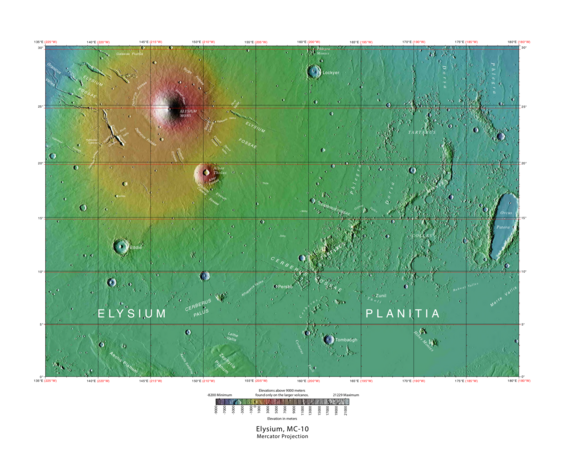 Elysium quadrangle MOLA map, with Elysium Planitia at bottom