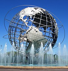 The Unisphere structure, with fountains surrounding it, on a sunny day