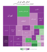 نتایج بر اساس استان (نمودار درختی). اندازهٔ هر استان بر اساس جمعیتش است