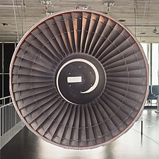 1960's Pratt & Whitney JT9D 92 inch diameter fan with long, narrow blades known as high aspect ratio. This type of blade was designed assuming the airflow was two-dimensional, i.e. along a chord line with no mass, momentum or energy exchanged along the length of the blade. They were superseded by wide chord blading when CFD was introduced which models the real flow around blades which is 3-dimensional.